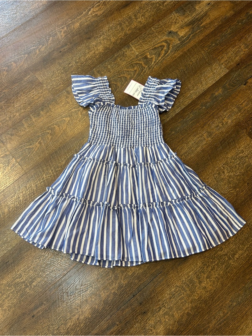 Rare Editions Blue and White Striped Smocked Tiered Dress